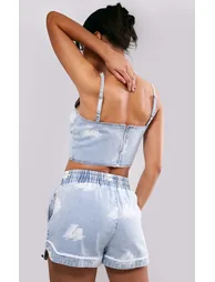 Light Blue Wash LA Printed Button Detail Denim Top - 1