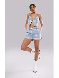 Light Blue Wash LA Printed Button Detail Denim Top - 2
