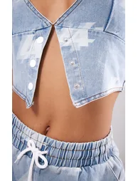 Light Blue Wash LA Printed Button Detail Denim Top - 3