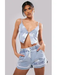 Light Blue Wash LA Printed Button Detail Denim Top