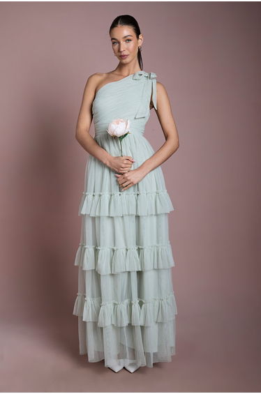 Sage Pleated Mesh One Shoulder Tiered Maxi Bridesmaid Maxi Dress