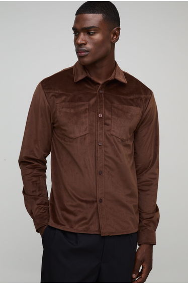 Regular Fit Western Velvet Long Sleeve Shirt - brown