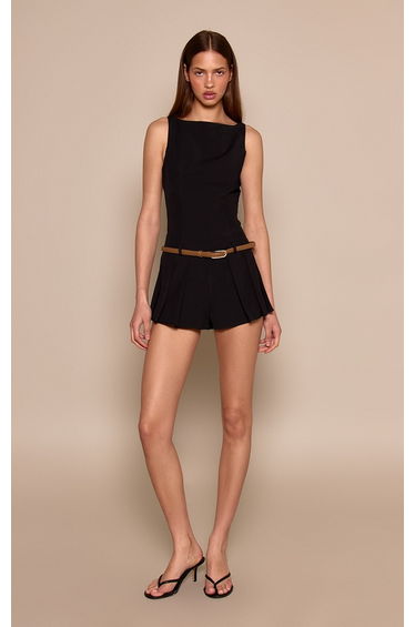 Black Woven Belt Detail Pleated Skort Playsuit