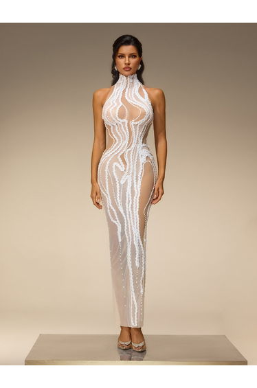 Marvex Sequin Pearl Mesh Maxi Dress