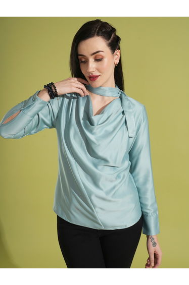 Solid Cowl Neck Stain Top with Tie-Up Detail