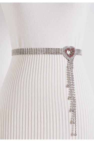 Shimmer Rhinestones Heart Tassel Chain Belt in Red