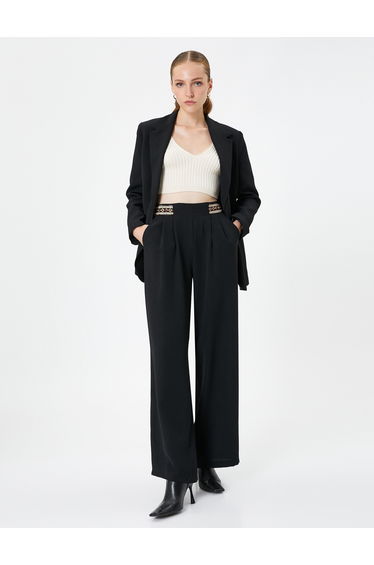 Wide Leg High Rise Pleated Embroidered Trousers