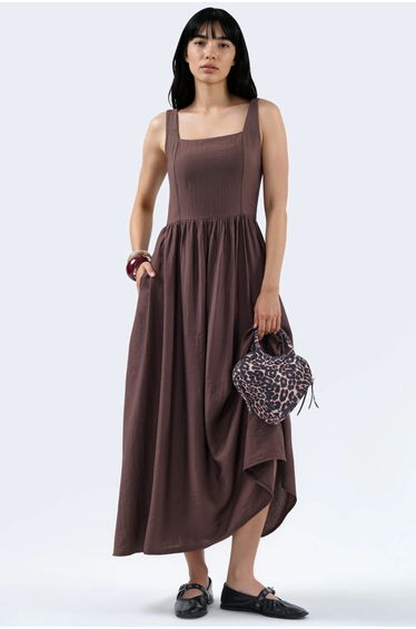 BUSEM Solid Midi Dress with Square Collar