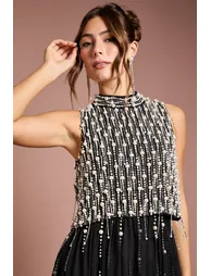 Pearl Beaded Overlay Georgette Maxi Dress - 3