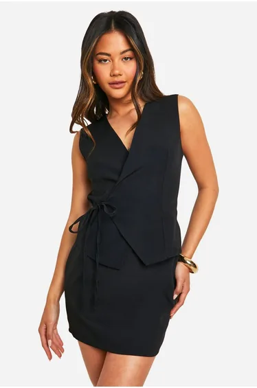 Wrap Front Tie Detail Waistcoat - black