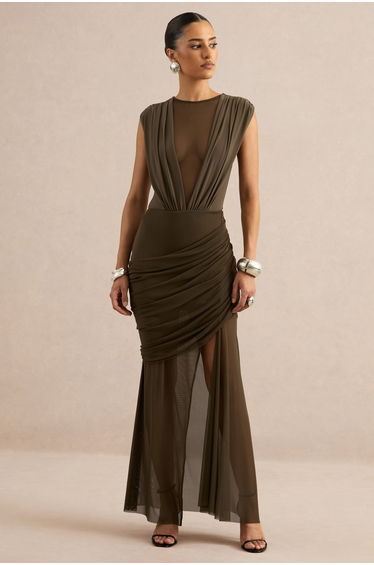 Persephone | Khaki Mesh Wrapped Maxi Skirt With Split