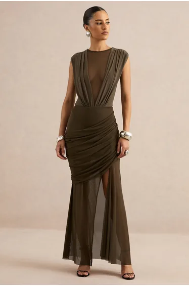 Persephone | Khaki Mesh Wrapped Maxi Skirt With Split