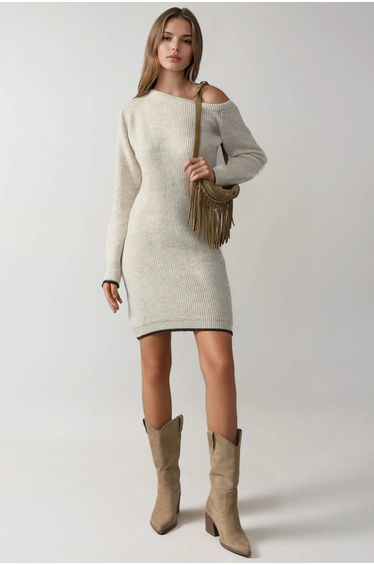 MY FASHION Asymmetrical Collar Ribbed Knit Dress