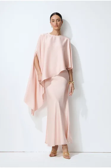 Effortless Elegance Pink Draped Cape Top & Maxi Skirt Set