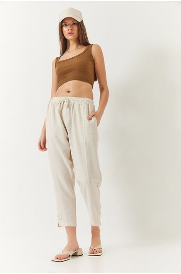 Women's Linen Waist Carrot Cut Trousers with Elastic Tie Leg Detail and Pockets