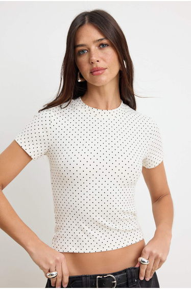 Ecru Polka Dot Fitted Short Sleeve Knitted T-Shirt