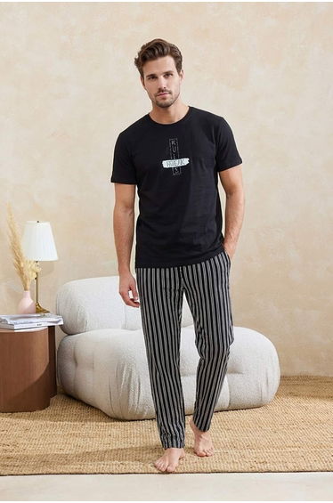 Black Regular/Normal Cut Plaid / Checked Cotton Piece Knitted Pajama Set