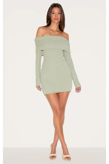 Sage Green Onion Skin Bardot Ruched Bodycon Dress