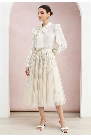 Ruffled Trim Sleeves Tie-Bow Top in Cream for Office Looks & Brunch Outings