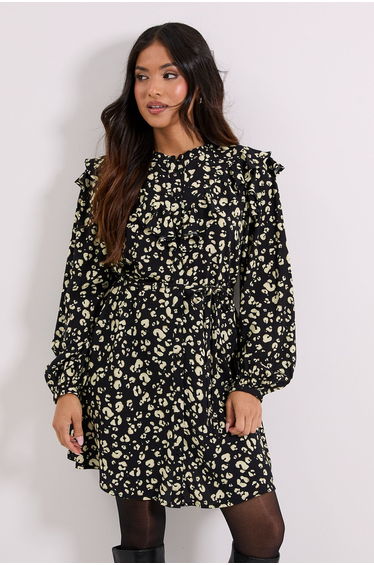 Petite Yellow Animal Frill Yoke Belted Mini Shirt Dress