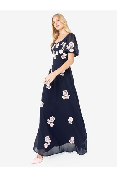Maya Navy Short Sleeve Floral Embellished Maxi Dress