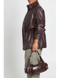 Plus Faux Leather Longline Button Detail High neck Jacket - chocolate - 3