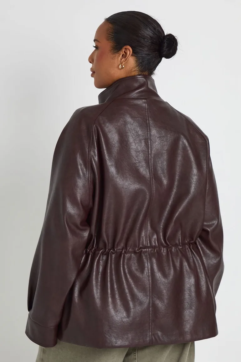 Plus Faux Leather Longline Button Detail High neck Jacket - chocolate - 2