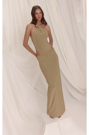 Golden Olive Slinky Low Rise Ruched Seam Maxi Skirt