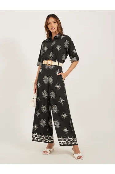Button Details Belted Shirt and Wide Leg Trousers Set