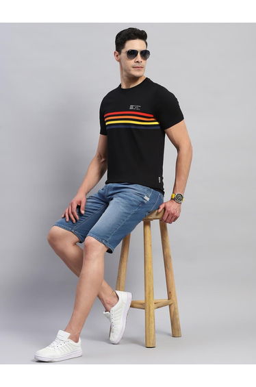 Men Black Striped Round Neck Half Sleeve T Shirt