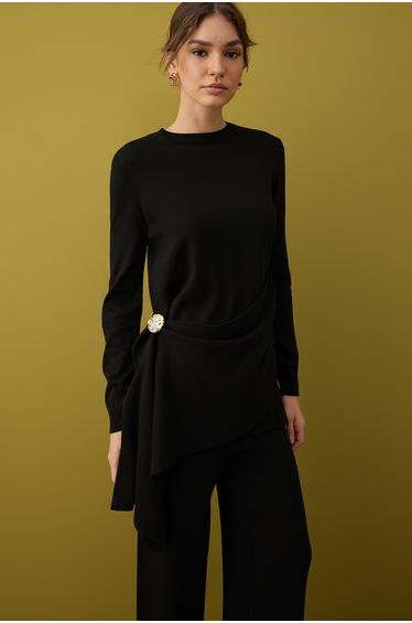Black Regular Double Plate Plain Knitwear Hijab Bottom - Top Set