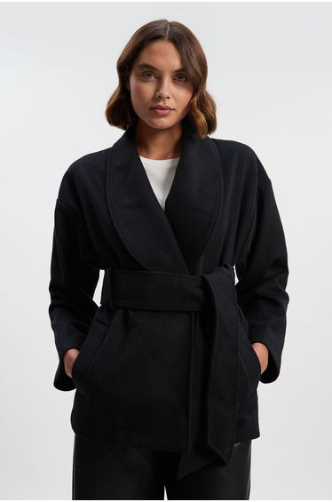 Brushed Wool Belted Wrap Tailored Short Coat