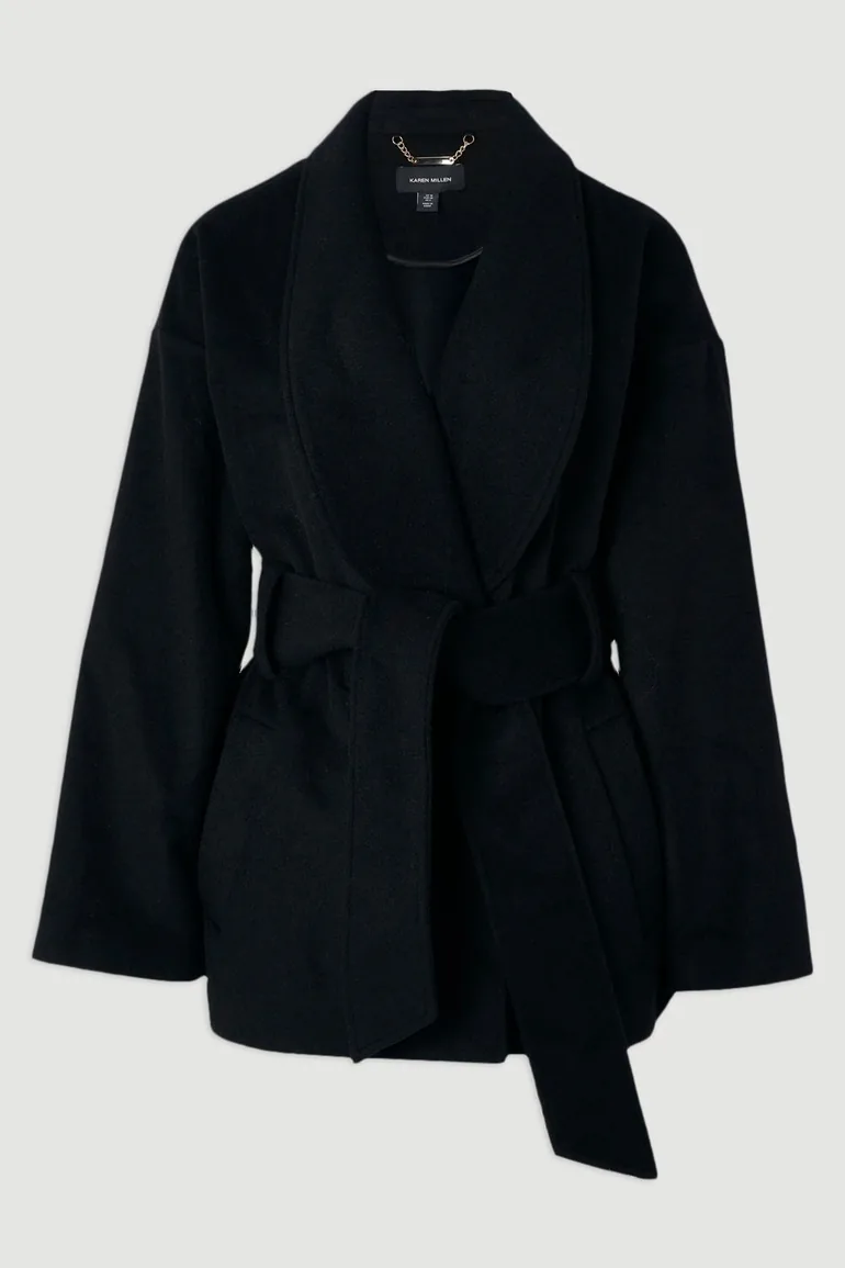 Brushed Wool Belted Wrap Tailored Short Coat - 3
