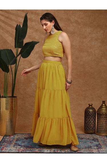 Women Sequined Georgette Crop Top and Tiered Skirt Fusion Co-Ords