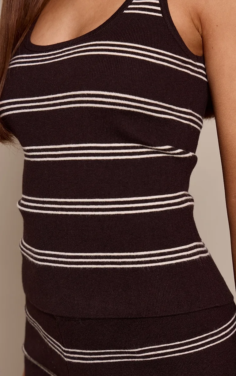 Chocolate Scoop Neck Striped Knitted Vest - 3