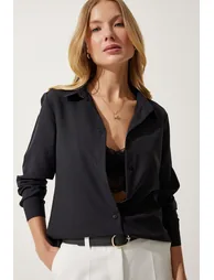 Women's Black Soft Textured Basic Shirt - 2