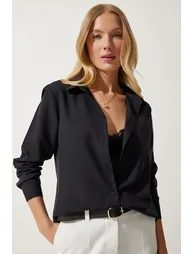 Women's Black Soft Textured Basic Shirt - 1