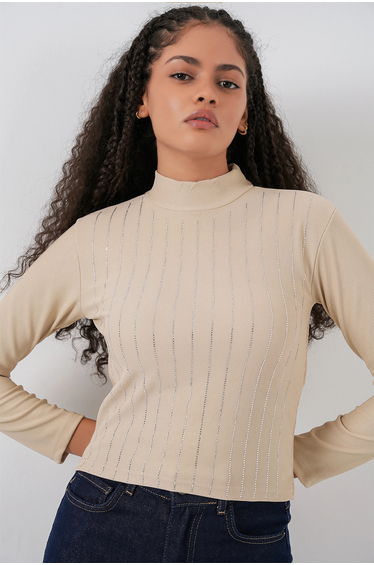 BDART Striped Half Turtleneck Long Sleeve Top with Stone Detail