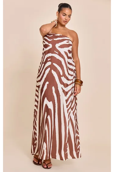 Plus Tan Zebra Abstract Print Woven Bandeau Maxi Dress