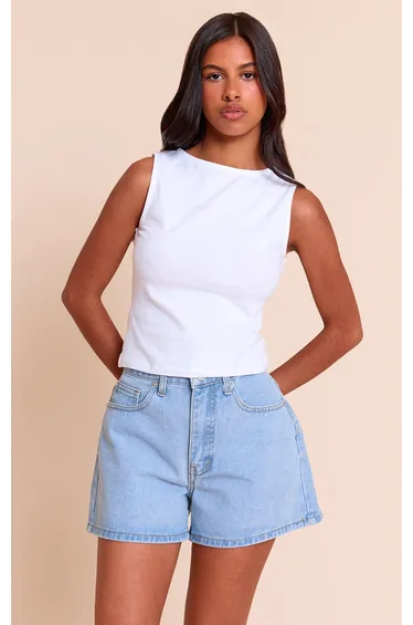 Petite Light Blue High Waisted Mom Shorts