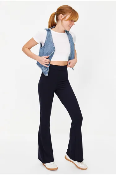 Navy Blue Ribbed Flare/Spanish Leg High Waist Stretchy Knitted Leggings Trousers