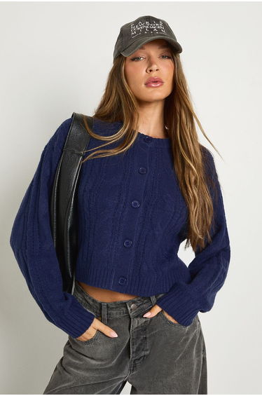 Cable Knit Cardigan - navy