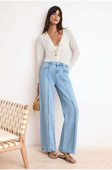 Blue High Waist Wide Leg Tencel Blended Jeans