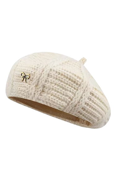 Little Bow Decor Knitted Beret in Cream