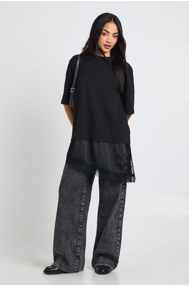 Contrast Lace Satin Underlayer T-Shirt - black