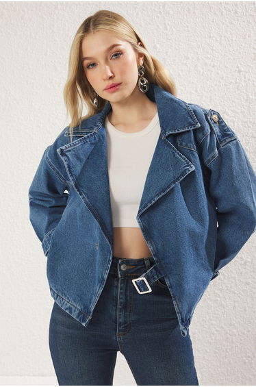 Blue Double Breasted Belt Buckle Oversize Denim Blazer Jacket
