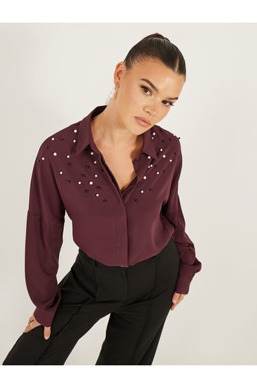 Faux Pearl Embellished Long Sleeve Regular Fit Shirt