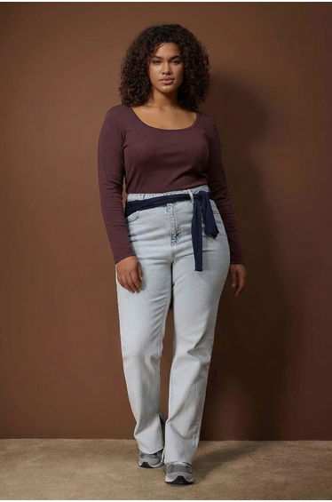 Brown U-Neck Knitted Plus Size Blouse