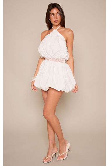 Cream Lace Panel Halterneck Puffball Dress