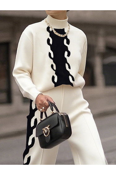 Long Sleeves Contrast Color Split-Joint High Neck Sweater Tops